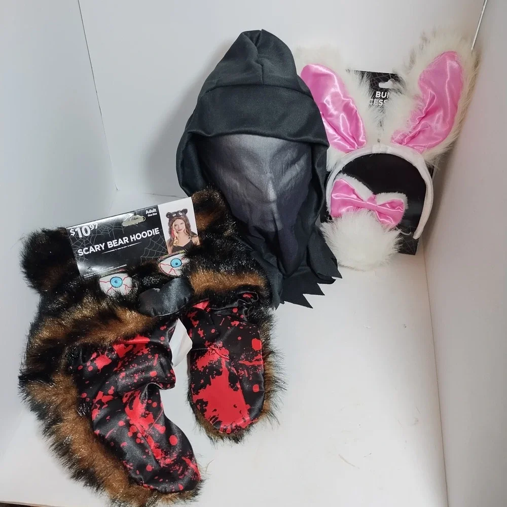 Lot Of 3 Halloween Masks Hooded Sheer Mask Scary Bear Hoodie Bunny Accessory Kit